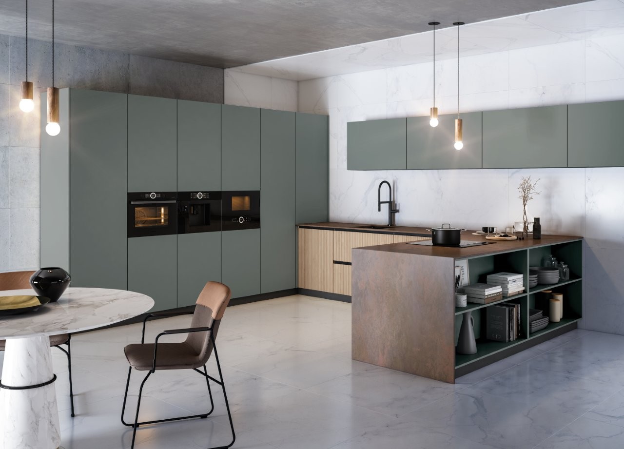 Cocina a medida en verde mineral con isla de Sancai en Cantabria