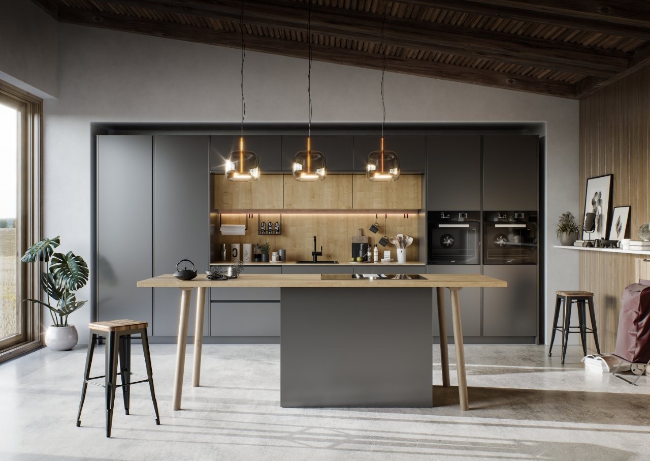 Cocina con isla en grafito y roble